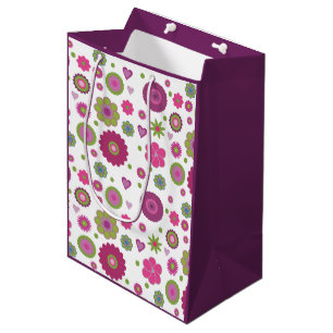 Stilvolles lila und grünes Blumenmuster auf Weiß Mittlere Geschenktüte