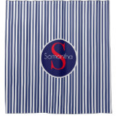 Stilvolles marineblau-rot gestreiftes Anfangsmonog Duschvorhang (Vorderseite)