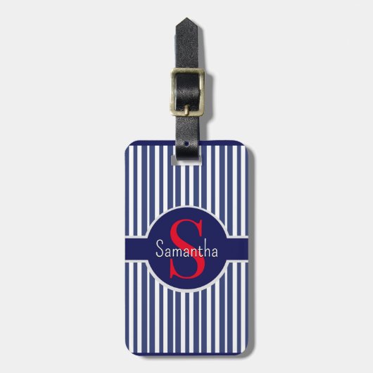 Stilvolles marineblau-rot gestreiftes Anfangsmonog Gepäckanhänger (Vorderseite vertikal)