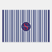 Stilvolles marineblau-rot gestreiftes Anfangsmonog Geschenkpapier Set (Vorderseite 2)