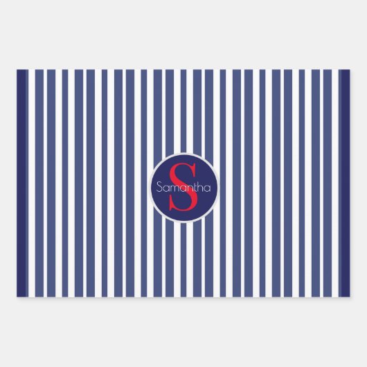 Stilvolles marineblau-rot gestreiftes Anfangsmonog Geschenkpapier Set (Vorderseite 2)