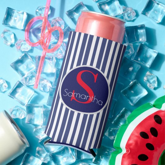 Stilvolles marineblau-rot gestreiftes Anfangsmonog Selters Dosenkühler (In Situ Sommer)