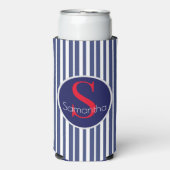 Stilvolles marineblau-rot gestreiftes Anfangsmonog Selters Dosenkühler (Seltzer Vorderseite)