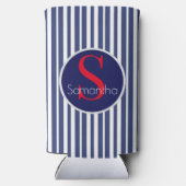 Stilvolles marineblau-rot gestreiftes Anfangsmonog Selters Dosenkühler (Rückseite)