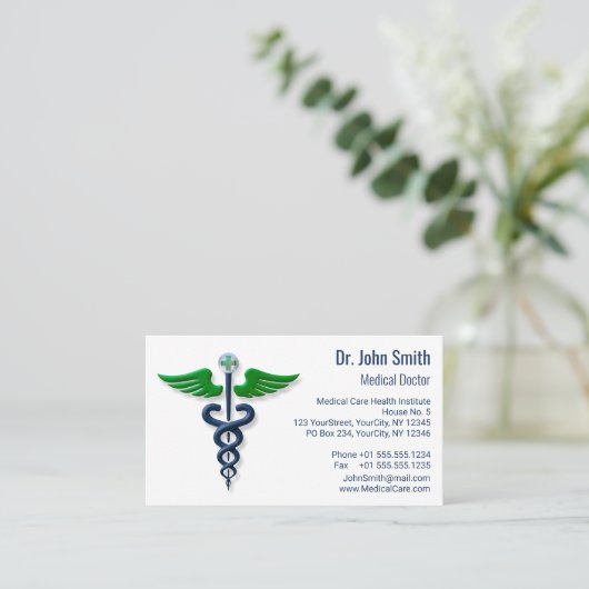 Stilvolles Medical Caduceus Blue Green Wings Cross Terminkarte (Stehend Vorderseite)