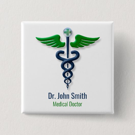 Stilvolles Medical Caduceus Green Blue Wings Cross Button (Vorderseite)