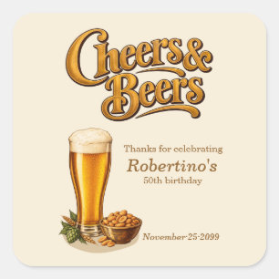 Stilvolles Messing Vintage Cheers & Beers 50. Gebu Quadratischer Aufkleber
