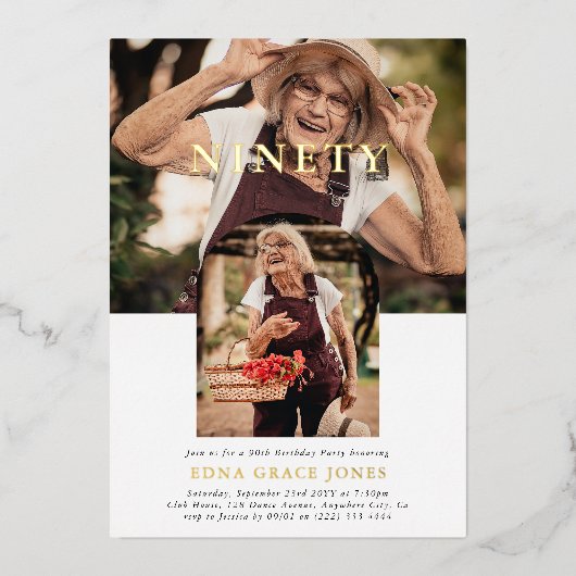 Stilvolles Minimal Foto NINETY 90. Geburtstag Folieneinladung (Vorderseite)