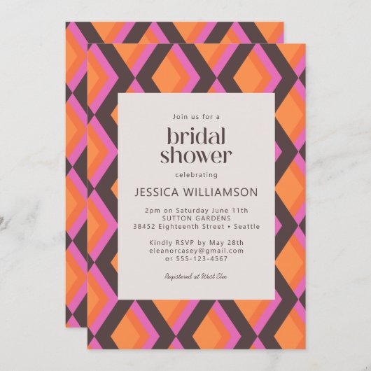 Stilvolles Mod Mitte des Jahrhunderts Pink Brown B Einladung (Vorne/Hinten)