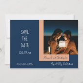Stilvolles, modernes, blaues Beige Foto Einfache H Save The Date (Vorderseite)