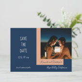 Stilvolles, modernes, blaues Beige Foto Einfache H Save The Date (Stehend Vorderseite)