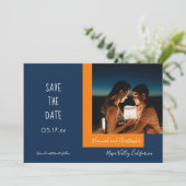 Stilvolles, modernes Blue Orange Foto Simple Weddi Save The Date (Stehend Vorderseite)