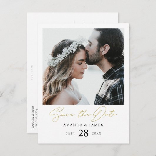 Stilvolles, modernes Gold Script-Foto Save the Dat Ankündigungspostkarte (Vorne/Hinten)