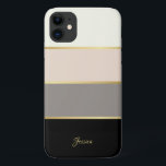 Stilvolles, modernes Streifenmuster mit Namen Case-Mate iPhone Hülle<br><div class="desc">Stilvoll und feminin präsentiert sich dieses elegante Design mit breiten, horizontalen Streifen in Creme, Rosa, Taupe und Schwarz mit dünnen goldenen Linien, die die Farben der Streifen. Eine Textvorlage wird zur Personalisierung mit Ihrem Namen, Monogramm-Initialen oder anderen gewünschten Text hinzugefügt. Sie können den Beispieltext auch löschen, wenn Sie die Groß-/Kleinschreibung...</div>