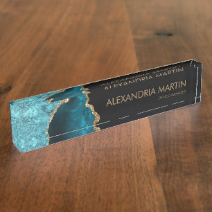 Stilvolles modernes Teal-Schwarz-Gold-Glitter Namensplakette