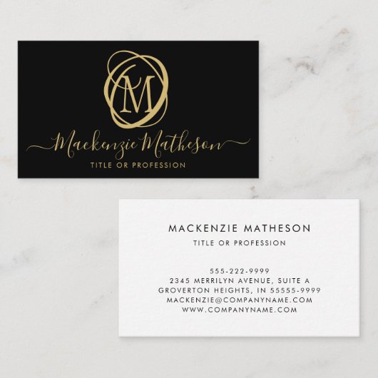Stilvolles Monogram Black Gold Script Visitenkarte (Vorne/Hinten)