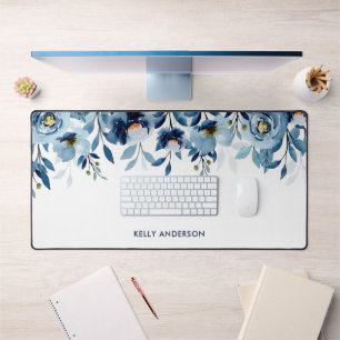 Stilvolles Monogramm Blaue Wasserfarbe floral Schreibtischunterlage