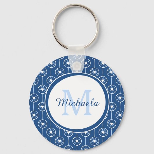 Stilvolles Monogramm für blaue und weiße Herzen mi Schlüsselanhänger (Vorderseite)