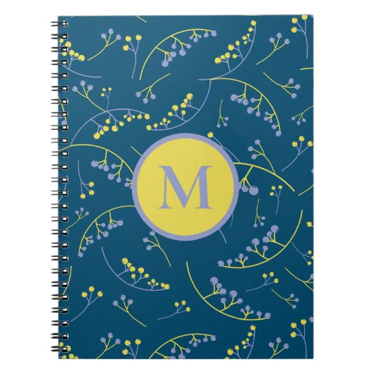 Stilvolles, monogramm-gelbes Lillac-Beerenmuster Notizblock (Vorderseite)