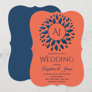 Stilvolles Monogramm Navy- und Korallenhochzeit Einladung