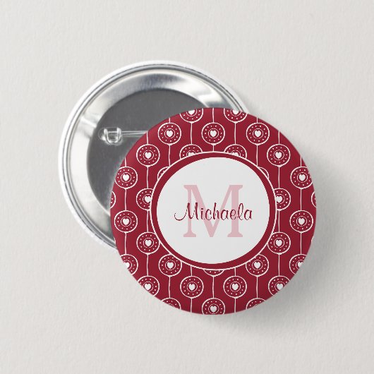 Stilvolles Monogramm Rotes und Weißes Herz mit Nam Button (Vorne & Hinten)