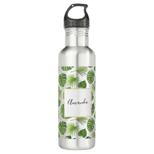 Stilvolles Muster für grüne tropische Blätter Edelstahlflasche