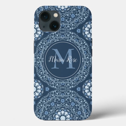 Stilvolles Navy Blue Mandala Modernes Monogramm Case-Mate iPhone Hülle (Rückseite)