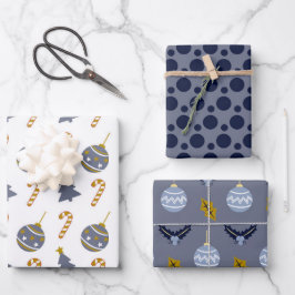 Stilvolles Navy Spot Christmas Bauble Mix Trio Geschenkpapier Set