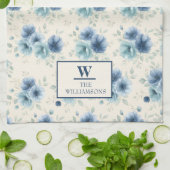 Stilvolles navyblaues Wasserfarben-Blumen-Monogram Geschirrtuch (Gefaltet)