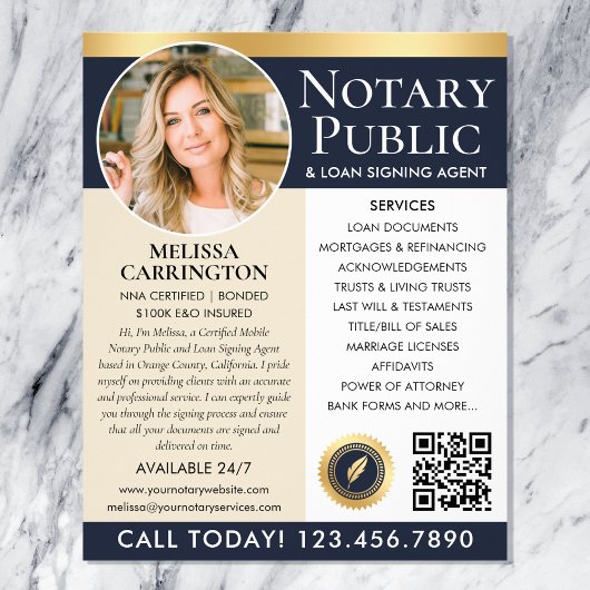 Stilvolles Notary Public Services Foto Blue Gold Flyer
