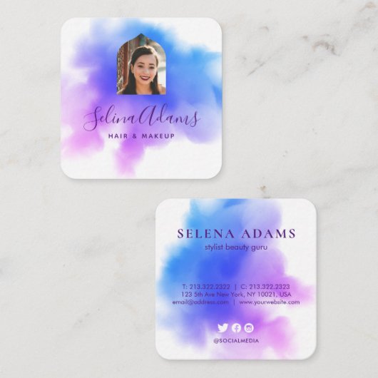 Stilvolles Ombre Blue Pink Watercolor Foto Abstrak Quadratische Visitenkarte (Vorne/Hinten)