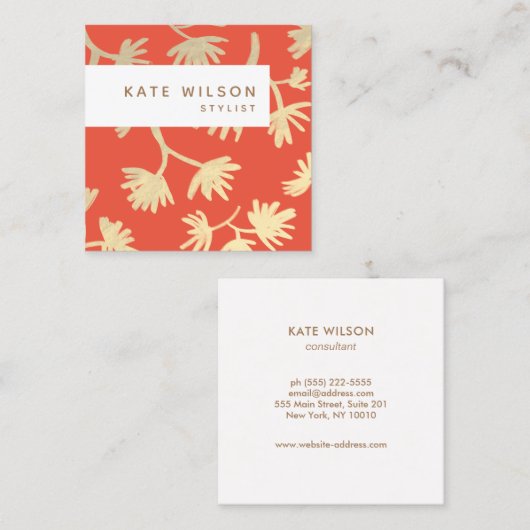 Stilvolles Orange Gold Floral Muster Quadratische Visitenkarte (Vorne/Hinten)