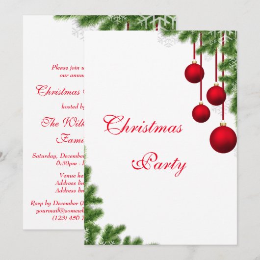 Stilvolles Party Pine & Baubles Einladung (Vorne/Hinten)