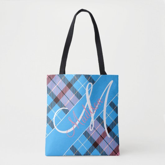 Stilvolles Pink Blue Kariert Tartan | Name hinzufü Tasche (Vorderseite)