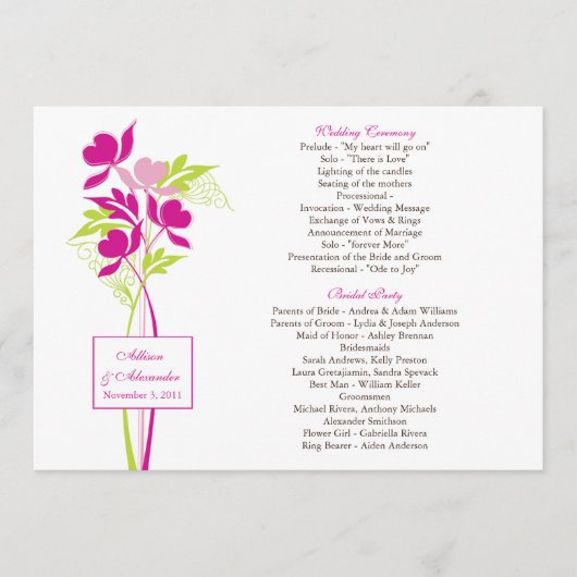 Stilvolles Pink & Green Bouquet Hochzeitsprogramm Programm (Vorderseite)