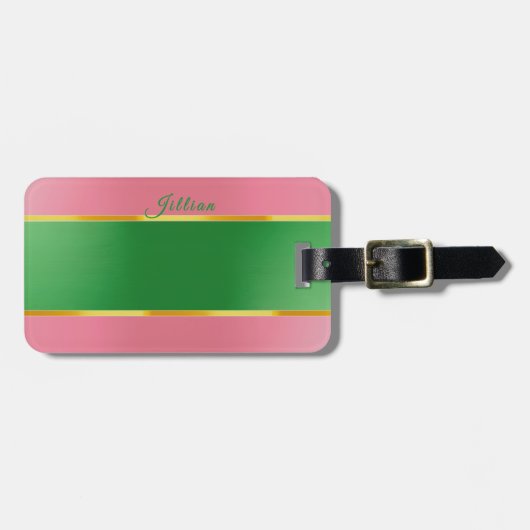 Stilvolles Pink Grün Monogramm Preppy Gepäckanhänger (Vorderseite horizontal)