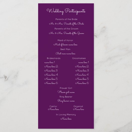 Stilvolles Programm zur Hochzeit von Text (Rückseite)