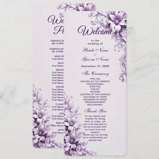 Stilvolles Purple Flowers-Hochzeitsprogramm Programm (Vorne/Hinten)