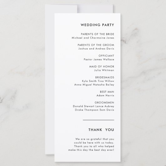 Stilvolles Retro Black & White Wedding Programm (Rückseite)