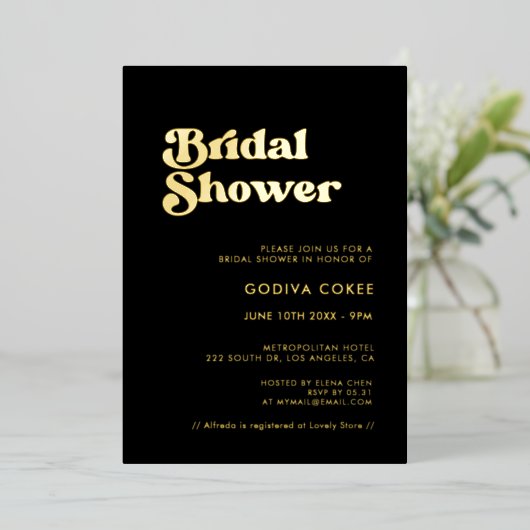 Stilvolles Retro-Brautparty in Schwarz und Gold Folieneinladung (Stehend vorne)