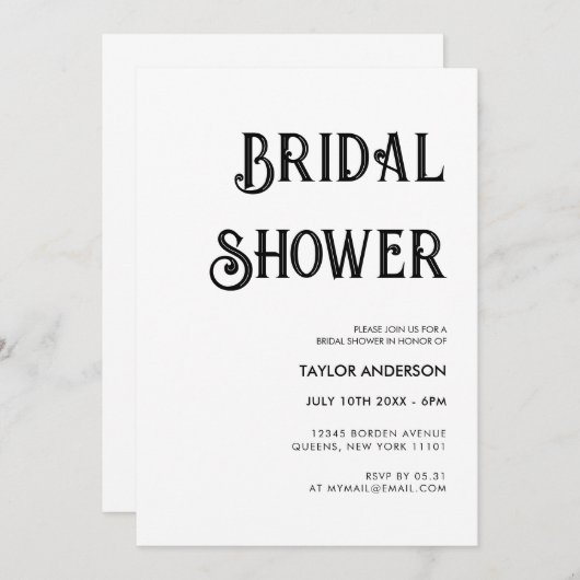 Stilvolles Retro-Brautparty in Weiß und Schwarz Einladung (Vorne/Hinten)