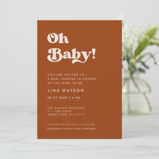 Stilvolles Retro Burnt Orange Oh Baby Einladung (Stehend Vorderseite)