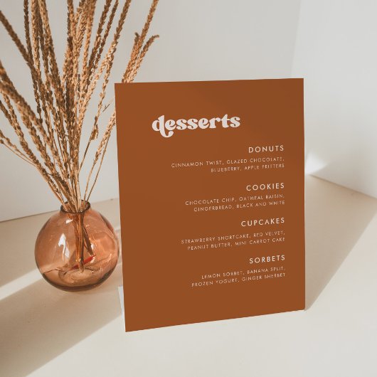 Stilvolles Retro Burnt Orange Wedding Dessert Bar Sockelschild