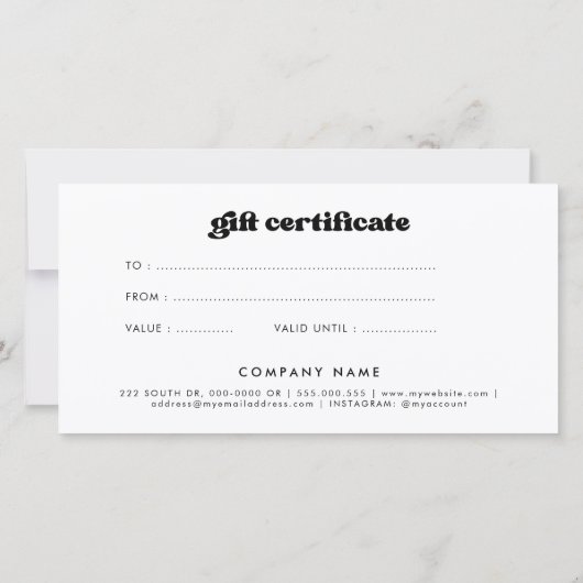 Stilvolles Retro-Geschenkzertifikat schwarz-weiß (Rückseite)