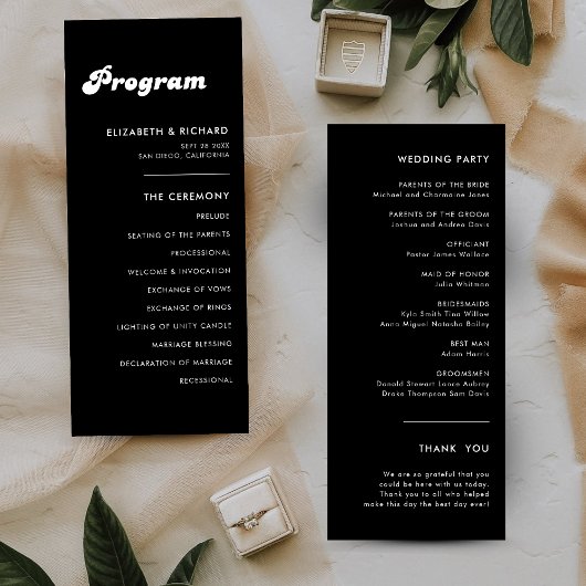 Stilvolles Retro-Hochzeitsprogramm in Schwarz-Weiß