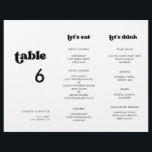 Stilvolles Retro-Menü und Tischnummer-Dreifach<br><div class="desc">Dreifaches Hochzeitsmenü & Tischnummer: Alles in einem,  falten Sie das Blatt in 3,  um Ihre stehende Speisekarte zu erhalten. Ein Retro-Chic-Thema: adoptier dieses etwas Vintage und stilvolle typografische Design für dein Hochzeitsgeschenk mit einem klassischen Schwarz-Weiß-Thema. Anpassbare Textfarben und Hintergründe.</div>