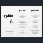 Stilvolles Retro-Menü und Tischnummer-Dreifach<br><div class="desc">Dreifaches Hochzeitsmenü & Tischnummer: Alles in einem,  falten Sie das Blatt in 3,  um Ihre stehende Speisekarte zu erhalten. Ein Retro-Chic-Thema: adoptier dieses etwas Vintage und stilvolle typografische Design für dein Hochzeitsgeschenk mit einem klassischen Schwarz-Weiß-Thema. Anpassbare Textfarben und Hintergründe.</div>