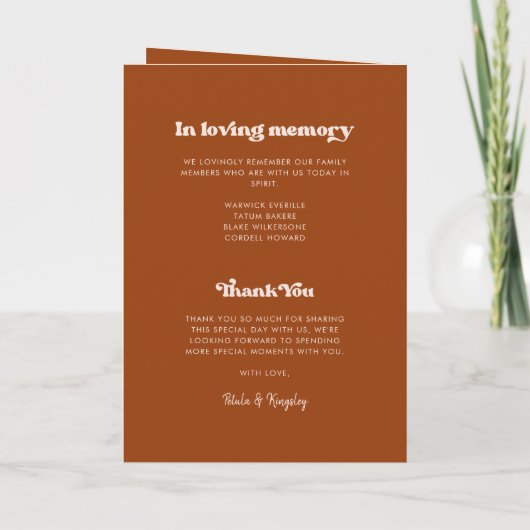 Stilvolles Retro-Orange Hochzeitsprogramm Programm (Rückseite)