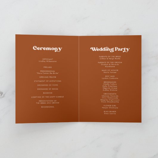Stilvolles Retro-Orange Hochzeitsprogramm Programm (Innenseite)