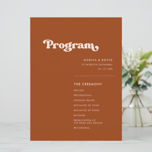 Stilvolles Retro-Orangenhochzeitprogramm Programm (Stehend Vorderseite)